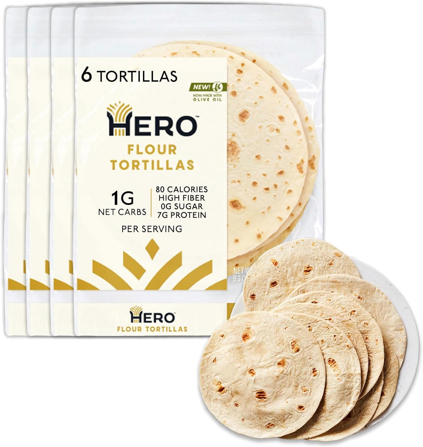 Hero Flour Tortilla - Delicious Tortilla Wraps | Soft Net Low Carb Tortillas | High Fiber, 1g Net Carbs & 80 Calories Per Serving (24 Tortillas, 4 Packs of 6)