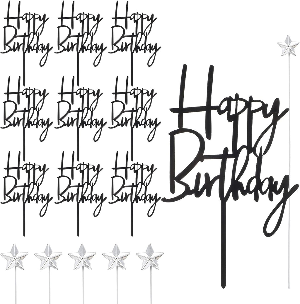 Happy Birthday Cake Topper Set of 10 PCS Black Acrylic Happy birthday Cake Topper 5 PCS Silvery Star Cupcake Toppers Decoration Supplies for Party Dessert Anniversary