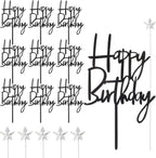 Happy Birthday Cake Topper Set of 10 PCS Black Acrylic Happy birthday Cake Topper 5 PCS Silvery Star Cupcake Toppers Decoration Supplies for Party Dessert Anniversary