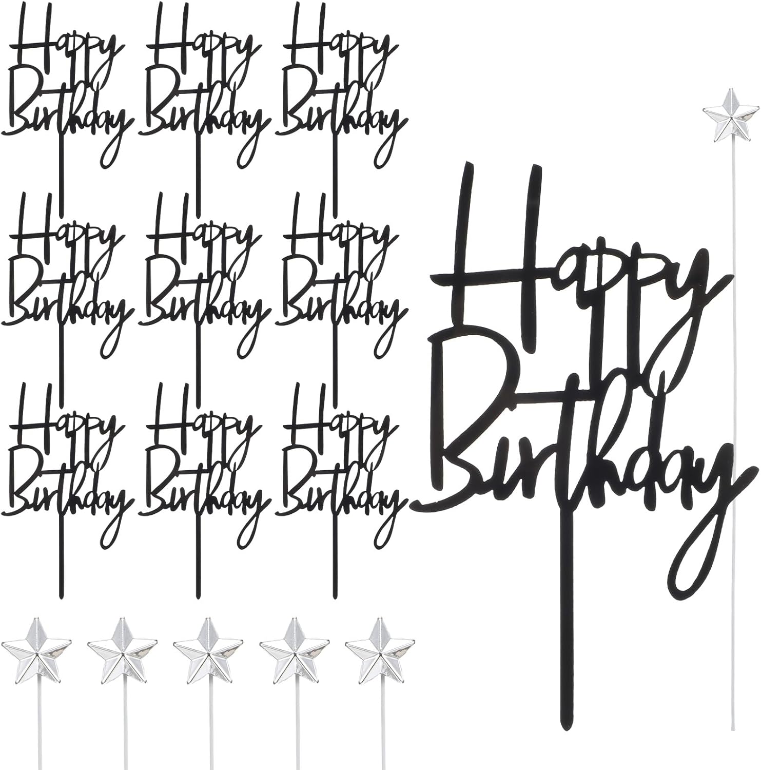 Happy Birthday Cake Topper Set of 10 PCS Black Acrylic Happy birthday Cake Topper 5 PCS Silvery Star Cupcake Toppers Decoration Supplies for Party Dessert Anniversary