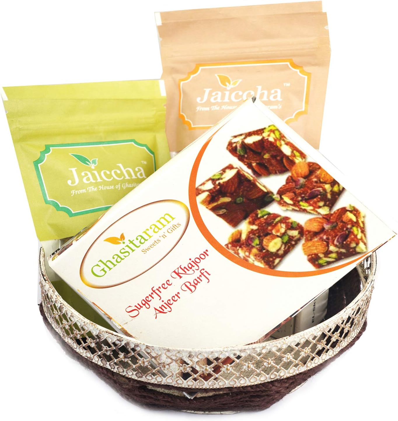 Ghasitaram Gifts Diwali Gifts Round Basket of Almonds, Raisins and Sugarfree Bites