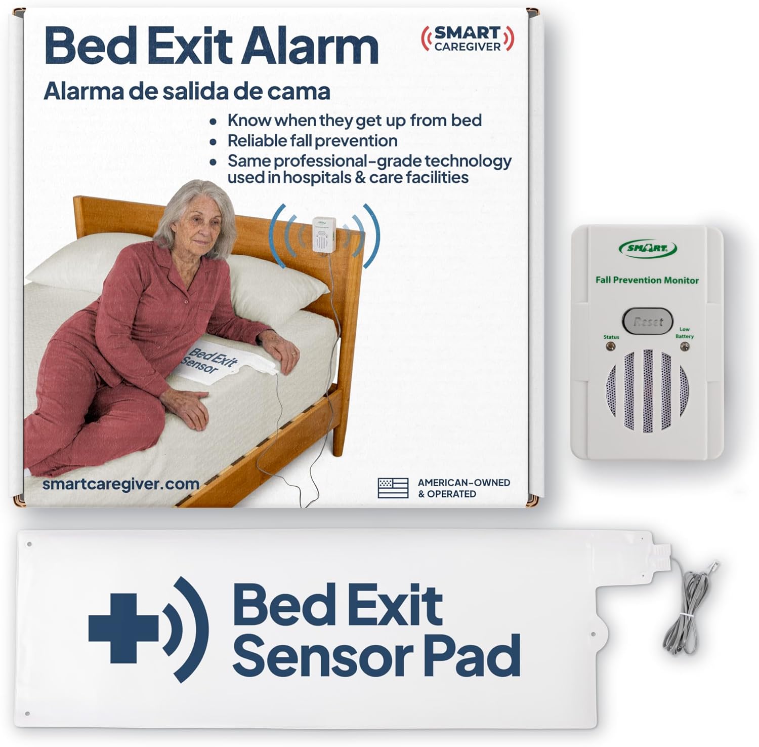 Smart Caregiver Bed Alarm for Elderly Adults – Fall Prevention System with 10"x30" Weight-Sensing Bed Pad – Automatically Alerts Caregiver When They Get Up