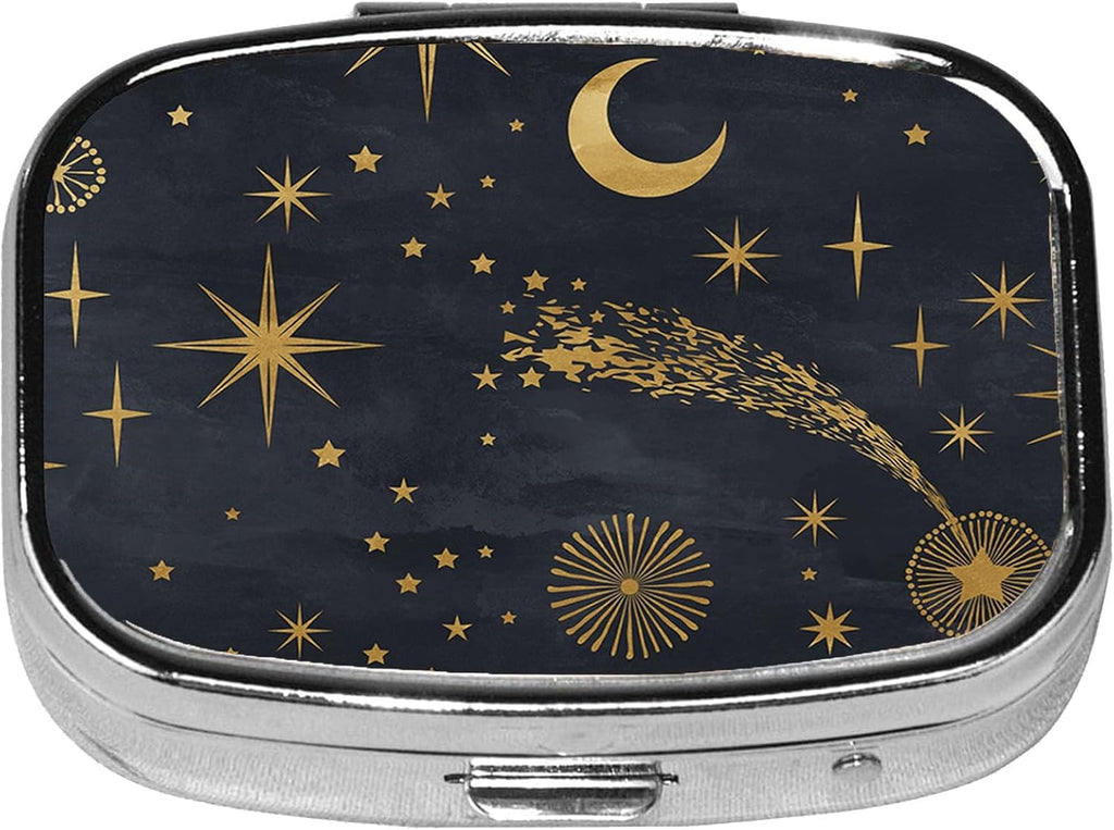 Square Pill Case Small Pill Box with Mirror Pocket 2 Compartment Vitamin Pill Medicine Case Organizer Pill Containers for Traveling Moon and Stars