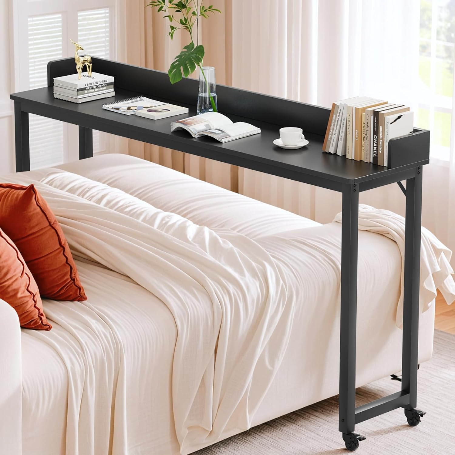 Arlopu Overbed Table with 360° Wheels, Queen Size Mobile Bed Desk with Heavy Duty Metal Leg, Sturdy Laptop Cart & Dining Table for Bedroom, Living Room, Hospital Use (Black)