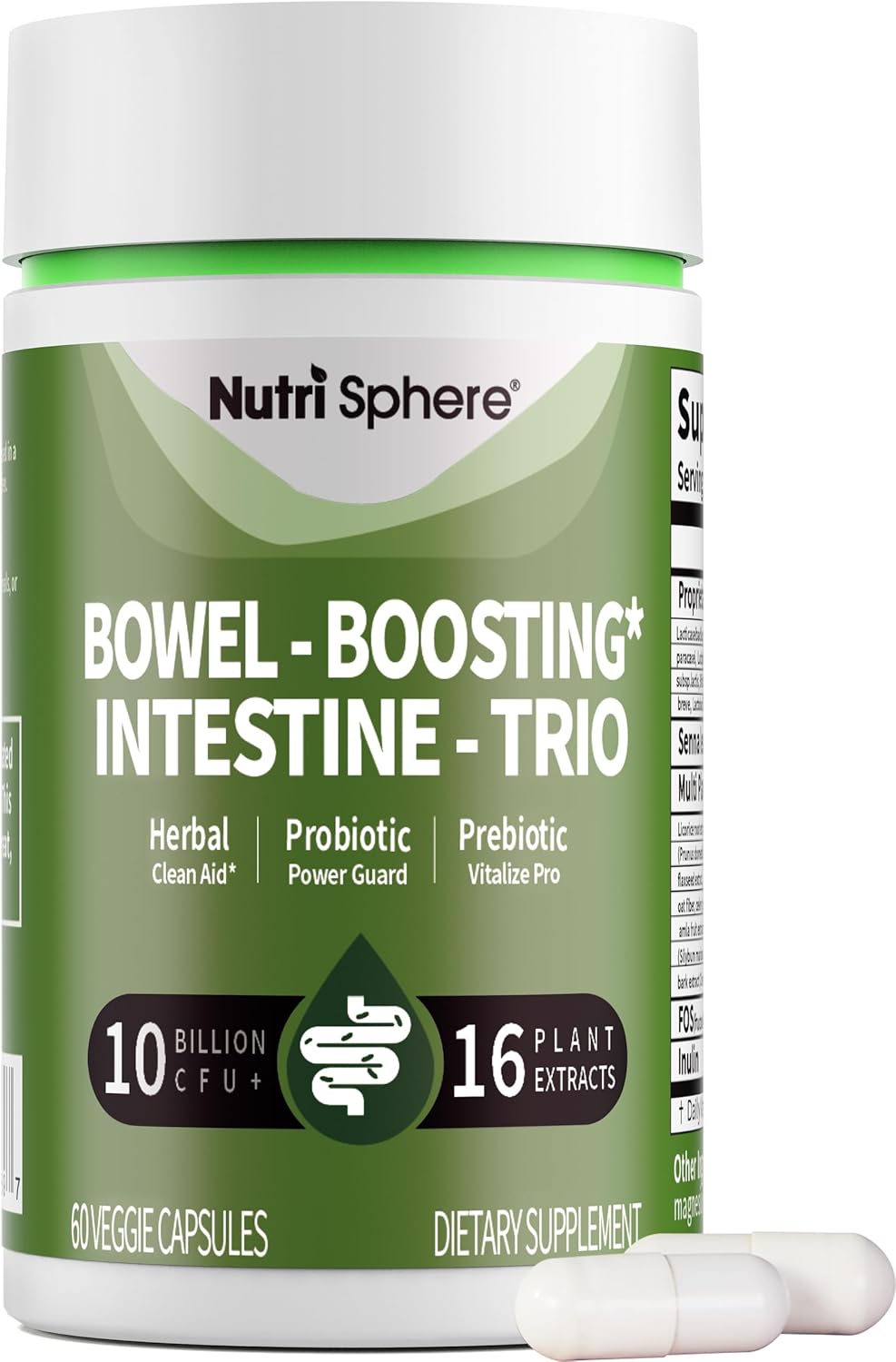 NutriSphere Probiotic Capsules – 10 Billion CFU, 9 Strains, 16 Plant Extracts with Prebiotics for Digestive Health - Support Occasional Constipation, Gas & Bloating for Women/Men, Bowel-Boosting