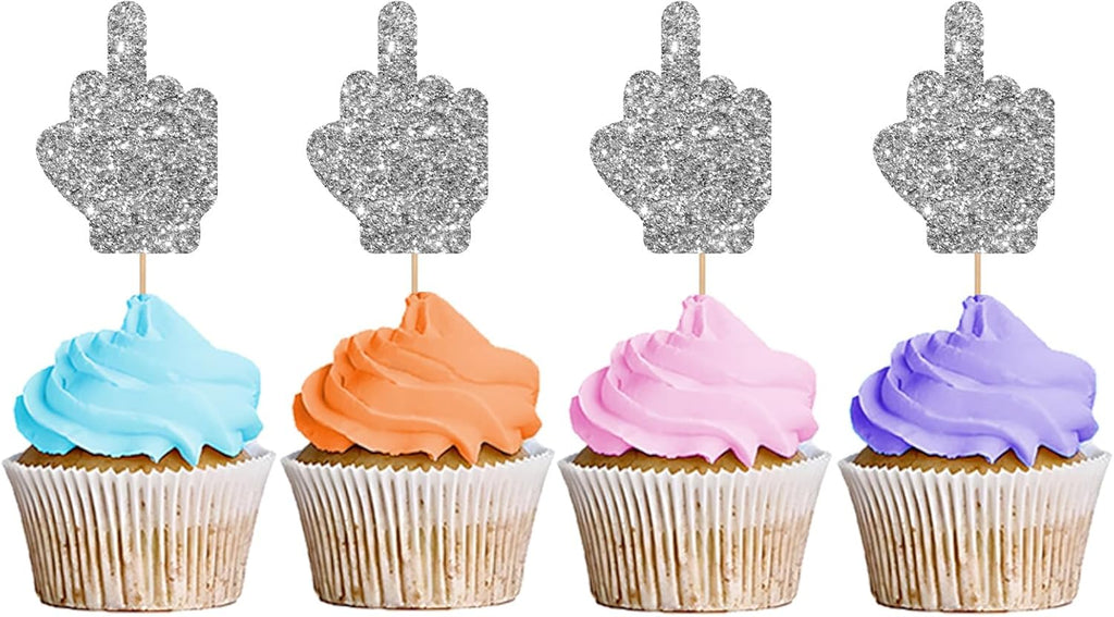 24PCS Middle Finger Cupcake Toppers, Divorce Party Cake Decorations, Funny Dessert Dessert Picks, Women Birthday Party Decoration - Sliver Glitter