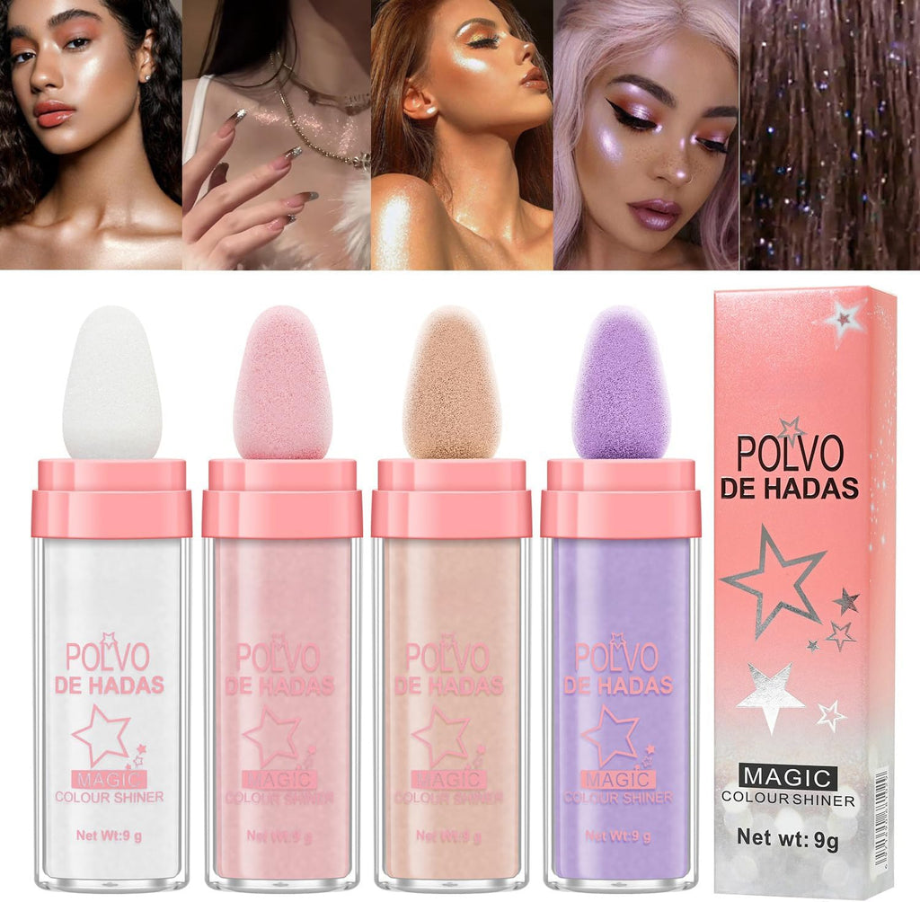 URQT 4 Color Polvo De Hadas Fairy Dust Highlight Patting - Full Body Contouring and Clavicle Pearlescent Patting Powder for Face and Eye, Christmas Sparkling Body Glitter (4 Pack)