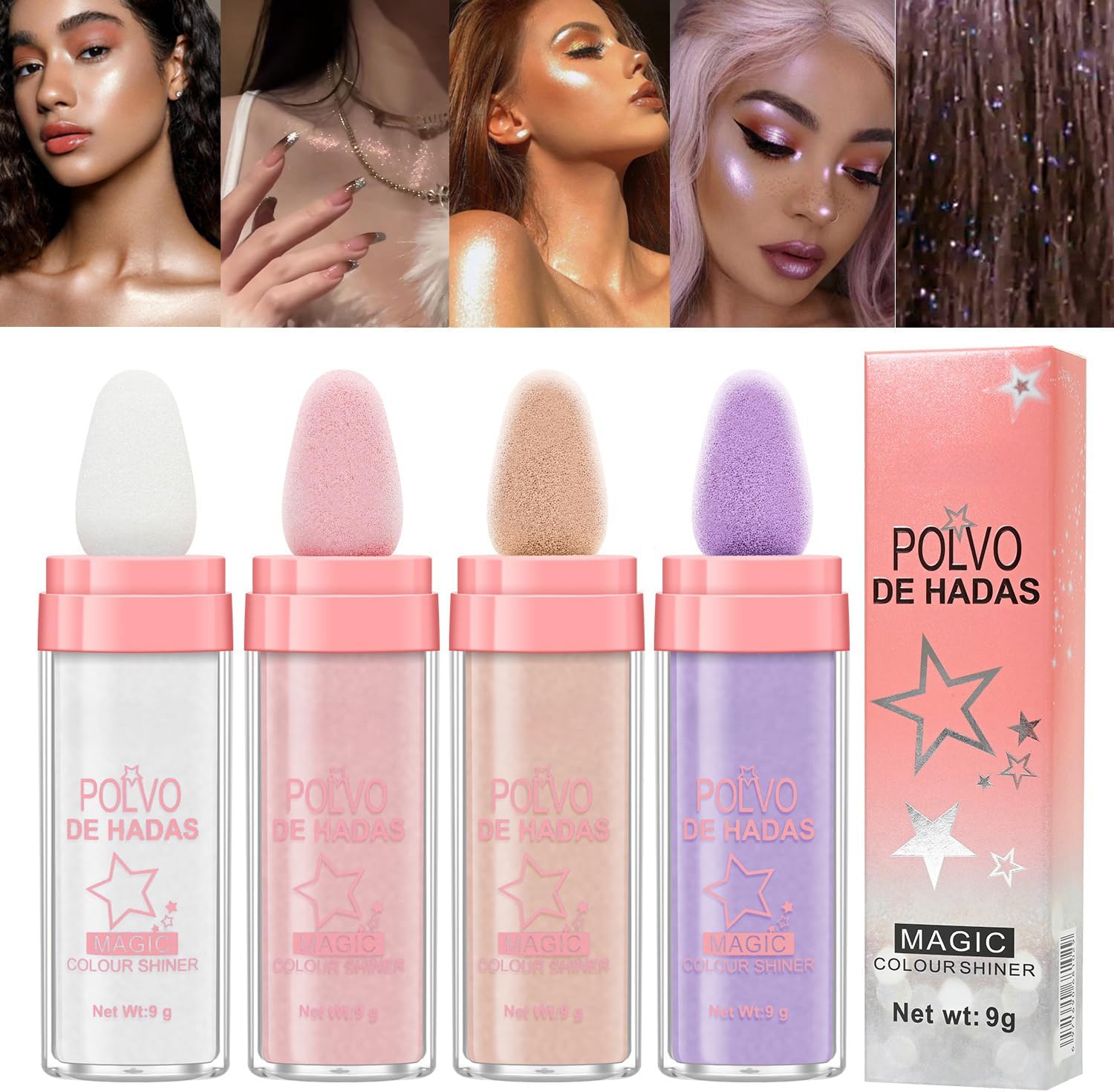 URQT 4 Color Polvo De Hadas Fairy Dust Highlight Patting - Full Body Contouring and Clavicle Pearlescent Patting Powder for Face and Eye, Christmas Sparkling Body Glitter (4 Pack)