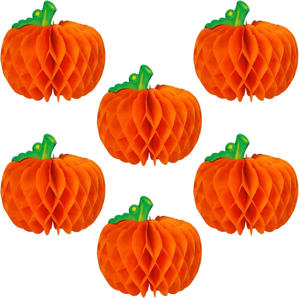 6 Pcs Pumpkin Honeycomb Decorations, Thanksgiving 3D Pumpkin Table Centerpieces, Fall Honeycomb Paper Tissue Balls for Halloween Thanksgiving Party Decor Harvest Festival Supplies
