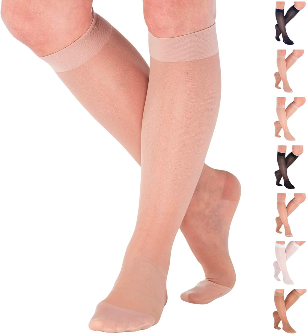 Made in USA - Compression Knee High for Women 15-20mmHg - Sheer Compression Support Stockings for Circulation during Flight, Travel, Airplane - Nude, 2X-Large - ATRAVEL101NU5