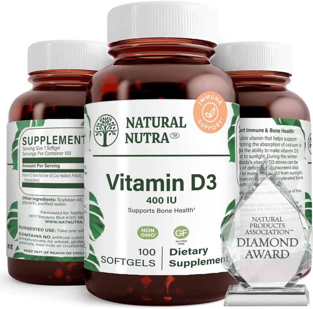 Natural Nutra 100 Vitamin D3 400 IU Softgels - VIT D Supports Immune Function, Bone & Teeth Health - Sunshine Vitamin D Formula for Cardiovascular & Lung Support - Gluten-Free Dietary Supplement