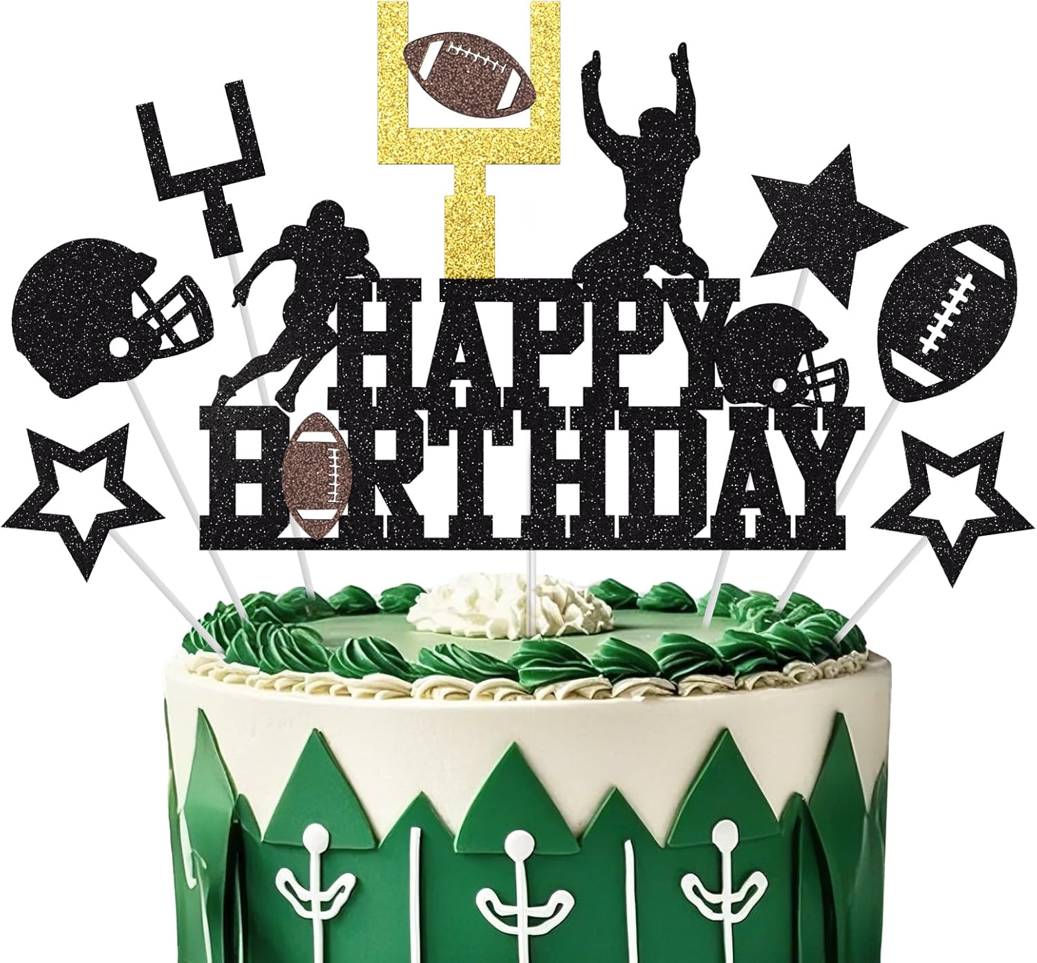 Football Cake Topper, Happy Birthday Cake Topper, Football Cake Decorations, Football Theme Birthday Party Cake Decor Supplies for Boys Men, Black Glitter Cake Decoration
