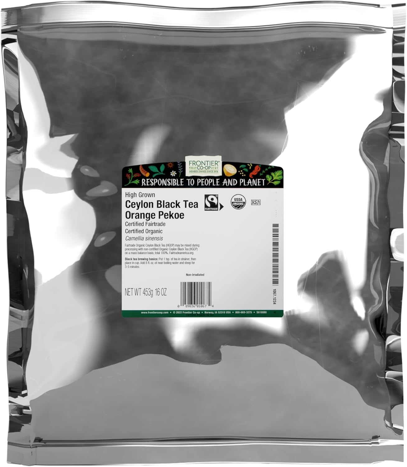 Frontier Co-op Organic Ceylon Black Tea, 1-Pound Bulk, High-Grown Orange Pekoe, Medium-Strong Tea Body, Kosher, Fair Trade