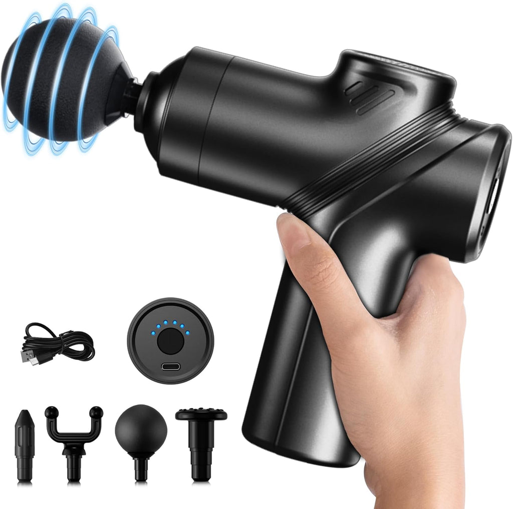 LEERCON Deep Tissue Massage Gun Portable, Mini Electric Muscle Massager, Suitable for Relieving Back, Neck and Body Pain, with 4 Heads and 6 Speeds, Black