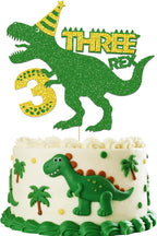 Dinosaur Rex 3rd Birthday Cake Decorations - Green Glitter Dino T-Rex Three Year Old Cake Topper for Dinosaurs Theme Kids Boys 3 Years Old Birthday Party Supplies Decoration