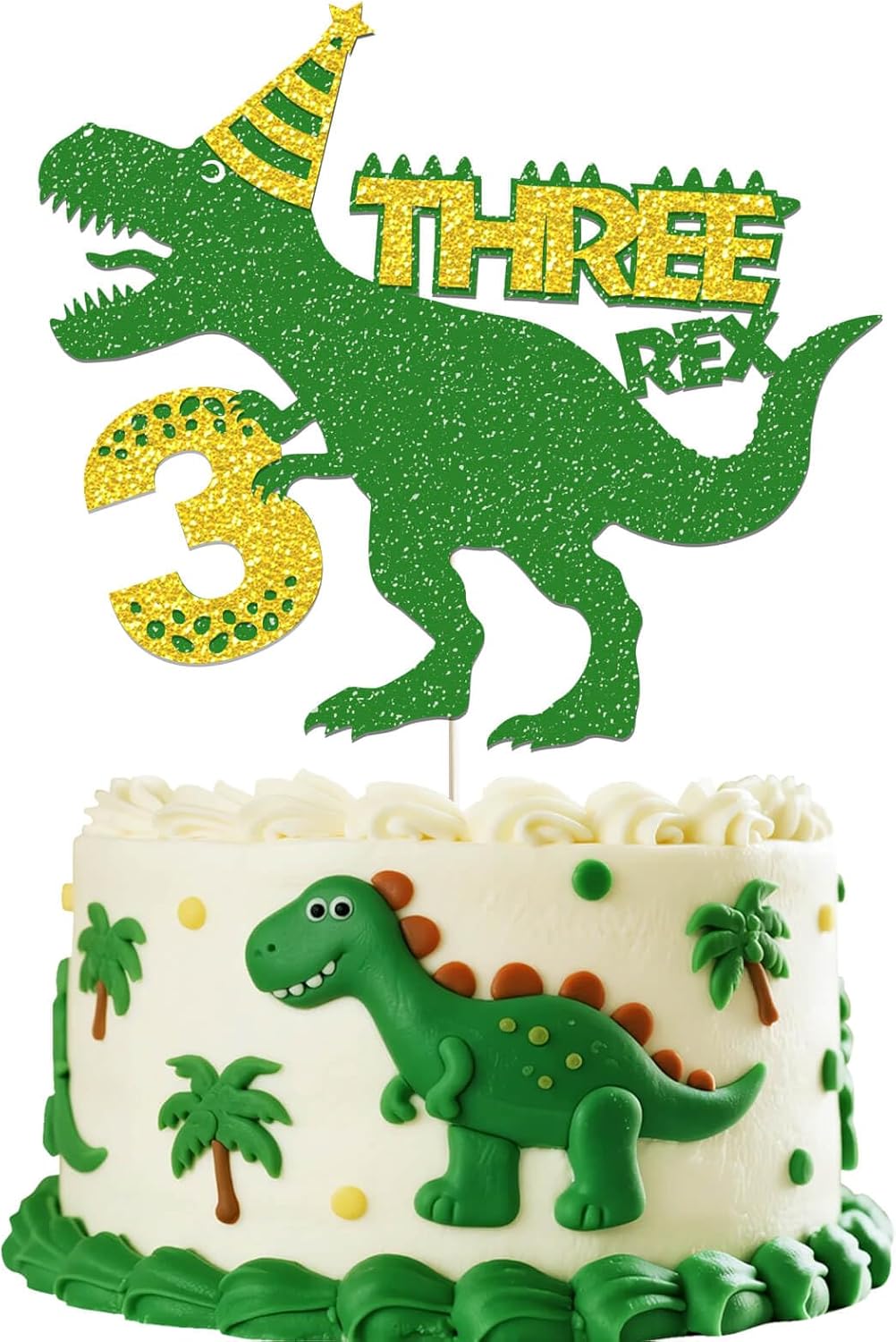 Dinosaur Rex 3rd Birthday Cake Decorations - Green Glitter Dino T-Rex Three Year Old Cake Topper for Dinosaurs Theme Kids Boys 3 Years Old Birthday Party Supplies Decoration