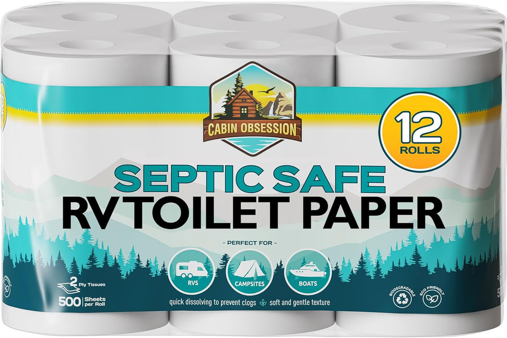 RV Toilet Paper - 12 Pack Septic Safe Toilet Paper 2-Ply Quick Dissolving Camper Tissue Paper Septic Safe to Prevent Clogs - Perfect for Automotive RVs, Septic Tank Systems, Boats, and Camping