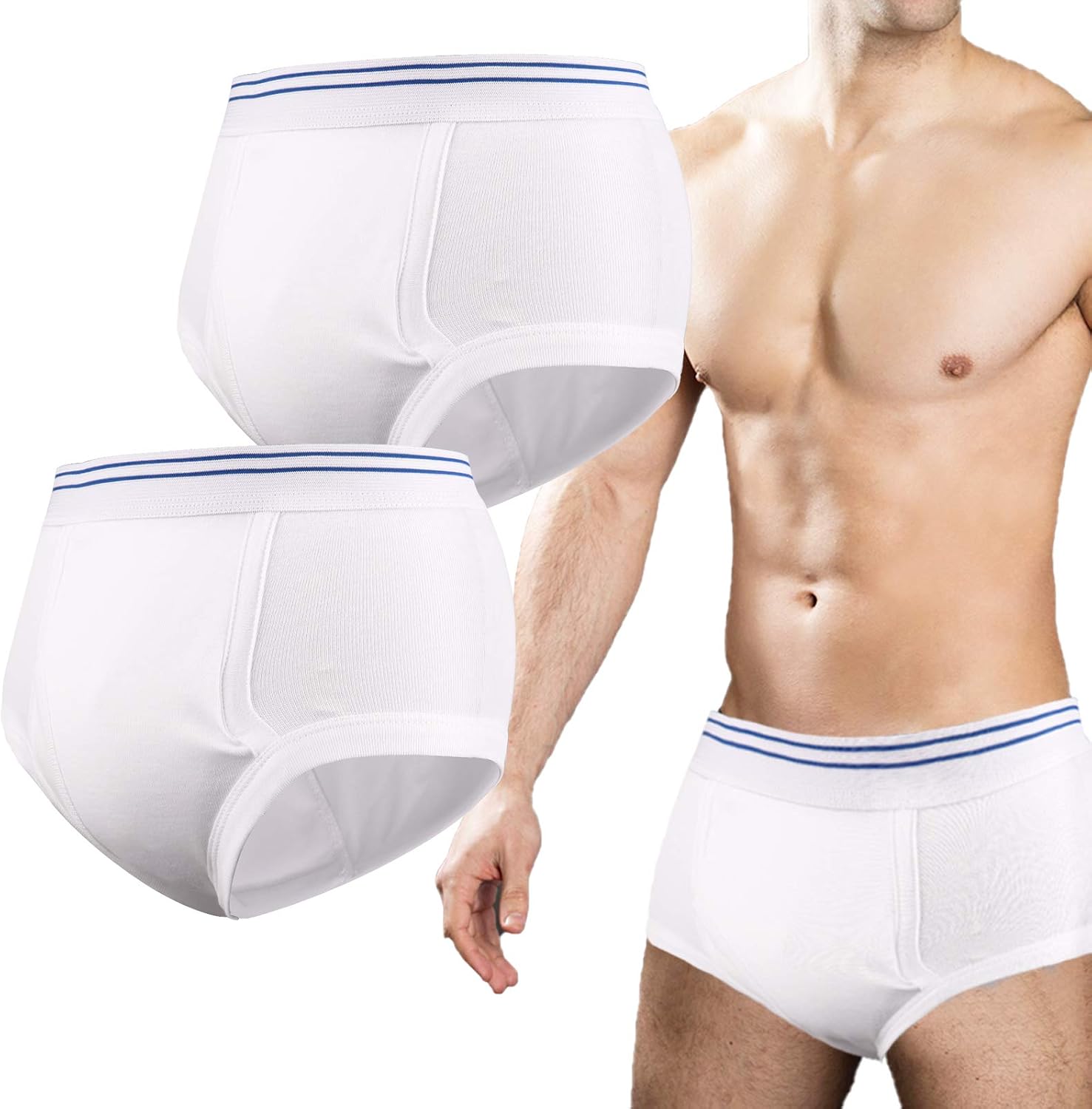 Mens Incontinence Underwear 2PCS Washable Urinary Briefs with Front Absorbent Area Reusable Urinary Incontinence Briefs for Men Breathable Incontinence Brief Leak Proof Underwear for Men (White, L)