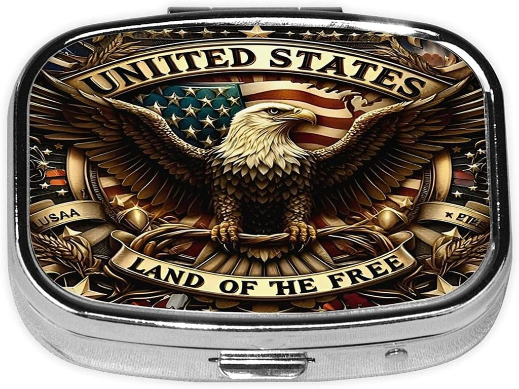 ABLESKY Pill Box, 2 Compartment Pill Organizer Case for Pocket or Purse, Small Portable Metal Travel Medicine Box with Mirror, Daily Vitamins Fish Oil Container-Patriotic Bald Eagle USA Flag
