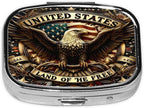 ABLESKY Pill Box, 2 Compartment Pill Organizer Case for Pocket or Purse, Small Portable Metal Travel Medicine Box with Mirror, Daily Vitamins Fish Oil Container-Patriotic Bald Eagle USA Flag