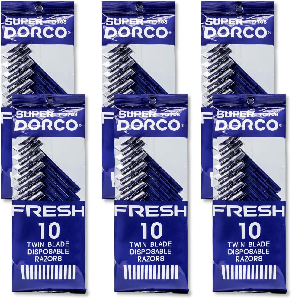 Dorco Fresh Twin Blade Disposable Razors for Men (60 Counts), Smooth & Comfortable Shave, Shaving Razors for Men, Non-Slip Handle, Ideal for Sensitive Skin & Travel