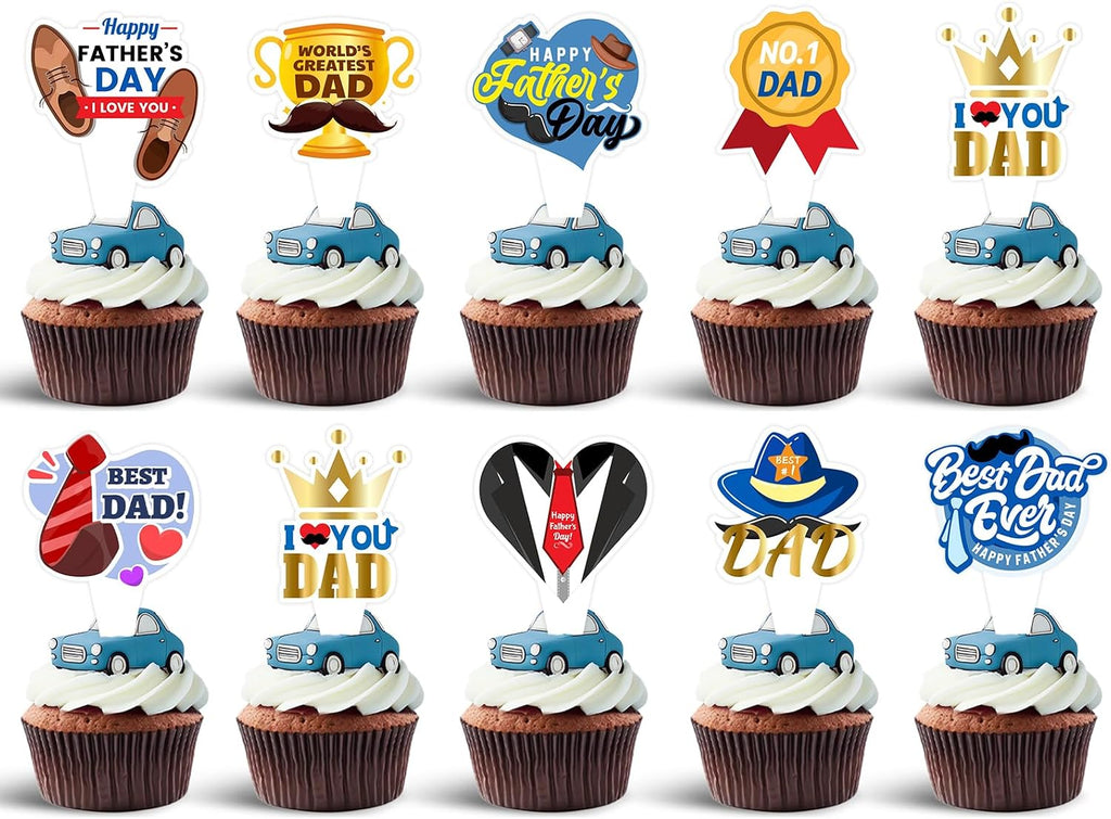36pcs Happy Fathers Day Cupcake Toppers, Best Dad, I Love My Dad Cupcake Picks with Beard Tie Signs for Happy Father's Day Party Cupcake Decorations