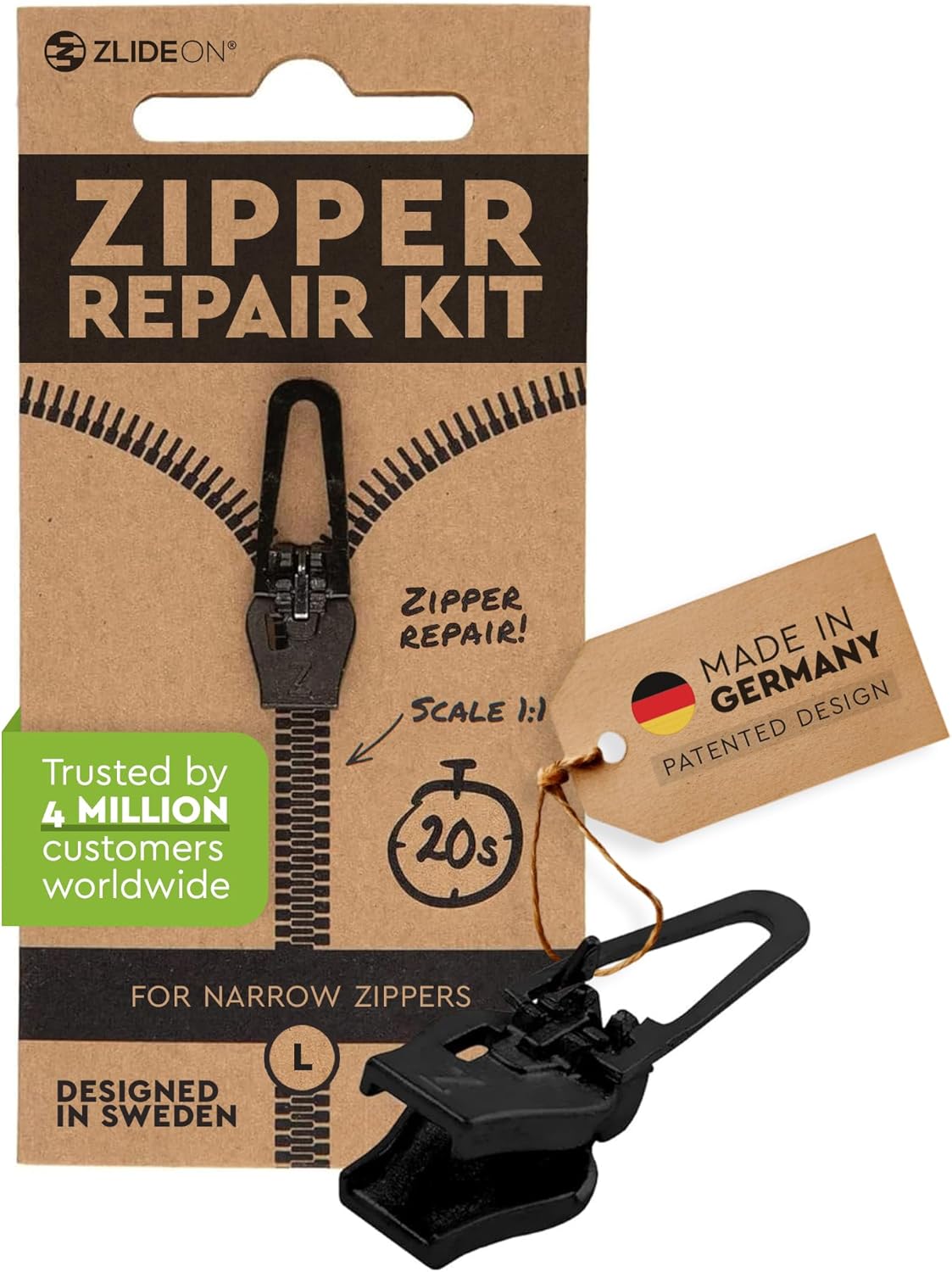 ZlideOn Zipper Pull Replacement - Black, Narrow (L) - Instant Zipper Replacement Slider