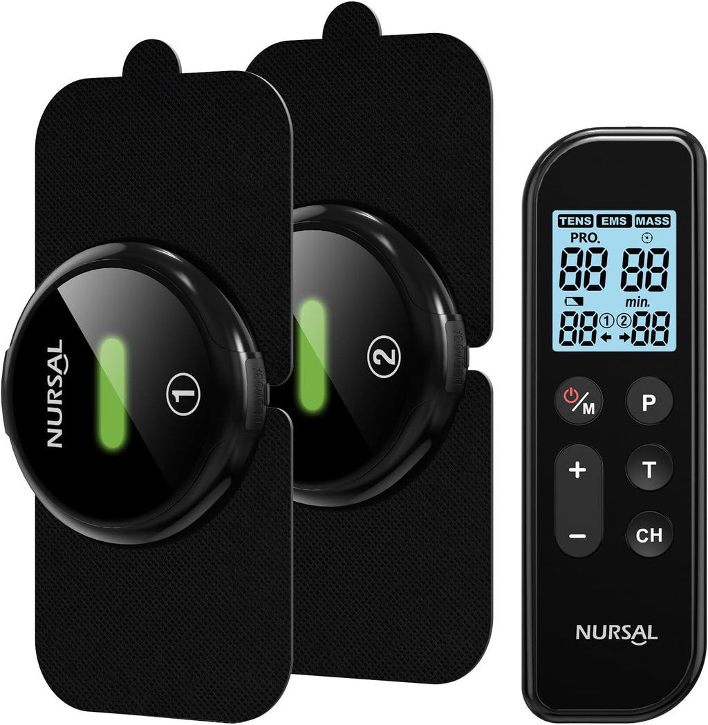 NURSAL Wireless TENS Unit Muscle Stimulator, Dual Host TENS EMS Machine for Pain Relief, 18 Modes 20 Intensity Remote Control Pulse Physical Electrotherapy for Back Shoulder Pain (2 Pads)