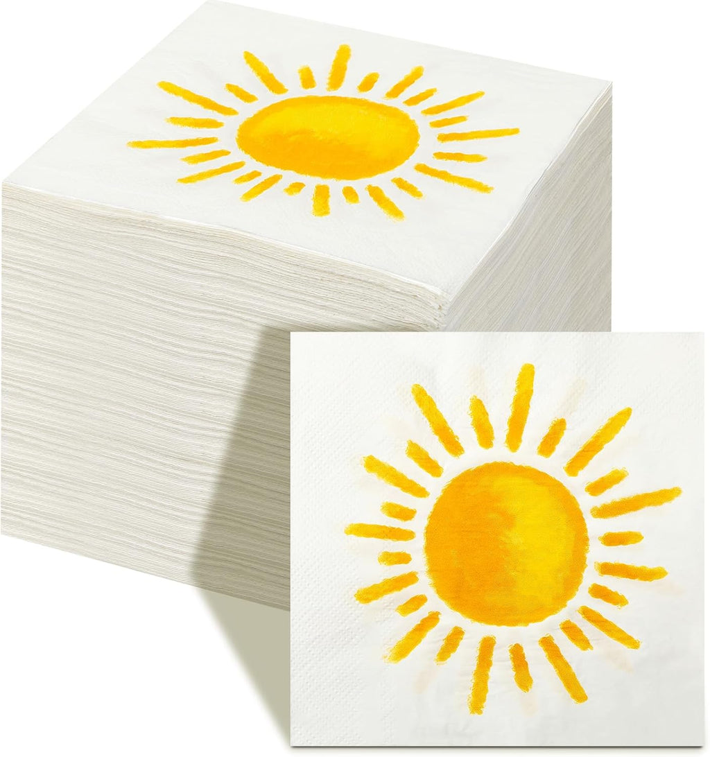 Yeaqee 100 Pcs First Trip Around The Sun Napkins, Boho Sunshine Paper Napkins for 1st Birthday, Baby Shower, Party Decorations, 13" x 13" Disposable Cocktail Luncheon Paper, Vibrant Yellow Sun Design
