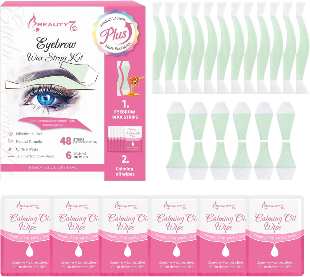 Beauty7 Fit Eyebrow Wax Strips Plus Volum, Pre-cut Facial Hair Removal, Lip Hair Removes, at Home Waxing 48 Strips, 6 Calming Oil Wipes, for All Skin Types Women