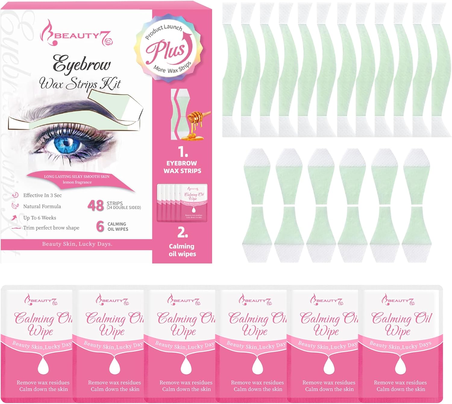 Beauty7 Fit Eyebrow Wax Strips Plus Volum, Pre-cut Facial Hair Removal, Lip Hair Removes, at Home Waxing 48 Strips, 6 Calming Oil Wipes, for All Skin Types Women
