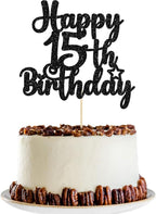 Gyufise 1Pc Happy 15th Birthday Cake Topper Glitter 15 & Fabulous Cheers to 15 Years Old Cake Pick for Celebrating 15th Birthday Anniversary Party Cake Decorations Supplies Black