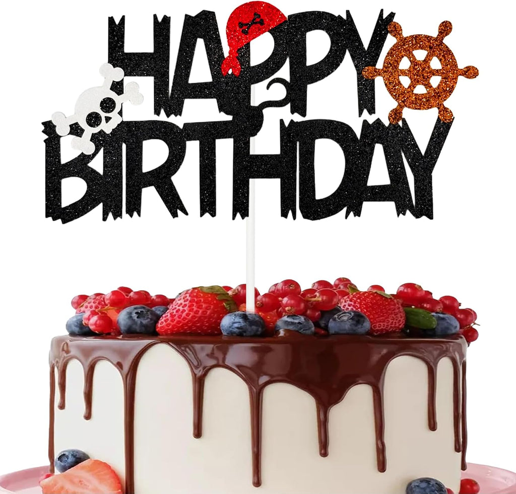 Pirate Happy Birthday Cake Topper Black Glitter Rudder Cake Decoration for Pirate-Themed Kids & Boys Birthday Parties