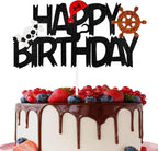 Pirate Happy Birthday Cake Topper Black Glitter Rudder Cake Decoration for Pirate-Themed Kids & Boys Birthday Parties