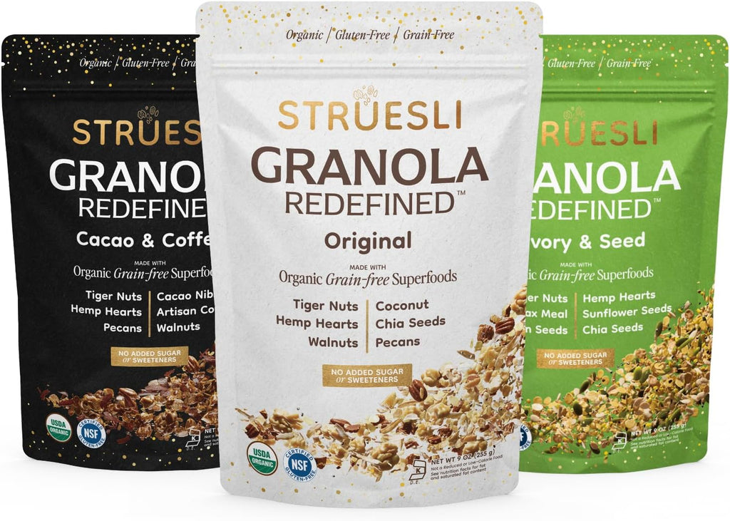 Struesli Granola Variety Pack, Organic Grain & Gluten Free Healthy Snacks, Keto & Paleo Friendly, Includes Original, Cacao & Coffee and Savory & Seed Flavors, Prebiotic Fiber, 3 Count, 9 Oz Each