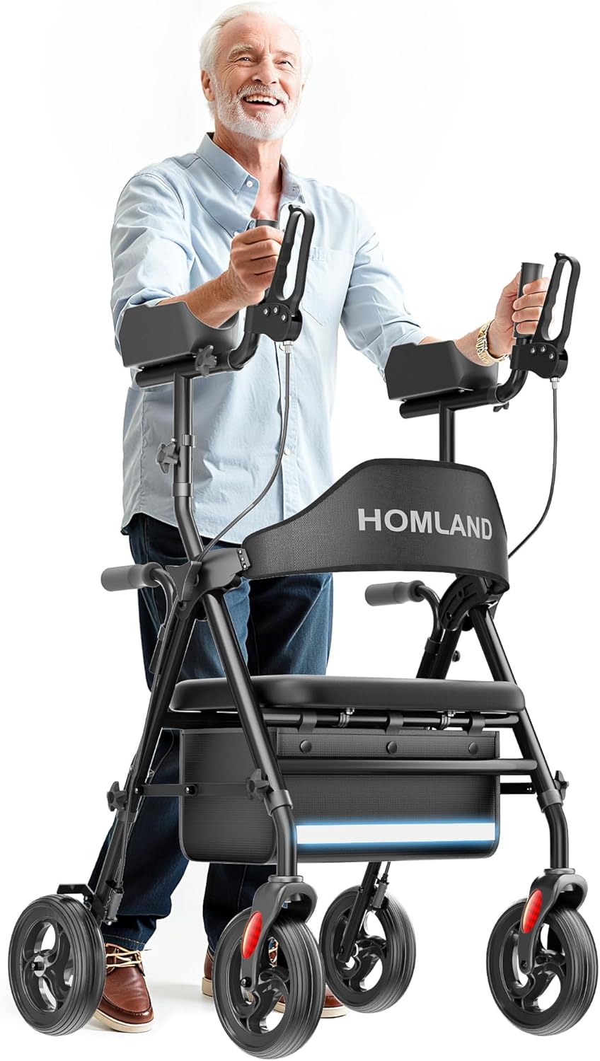 Upright Walkers for Seniors, Stand Up Rollator Walker with Adjustable Padded Armsupport & Seat, Folding Rolling Walker with 8'' Wheel Suitable for All Terrain, Black