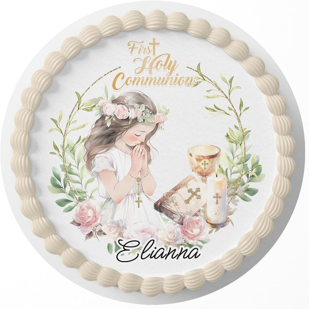 7.5 Inch Edible Cake Topper – First Holy Communion Girl Birthday Party Collection of Edible Cake Decorations round