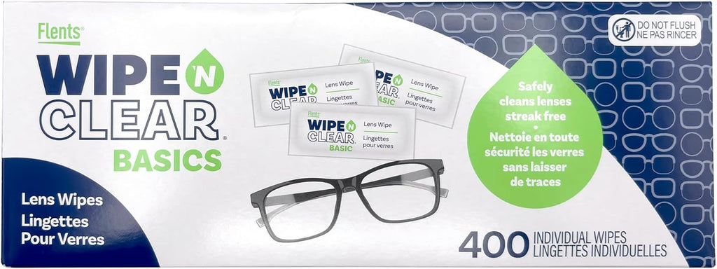 Flents Lens Wipes, Wipe 'N Clear Basic, 400 Count, Pre-Moistened, Streak-Free, Safe for Glasses, Sunglasses, Gentle Cleaning, Clear Vision, Streak-Free, Individually Wrapped for Travel & Convenience