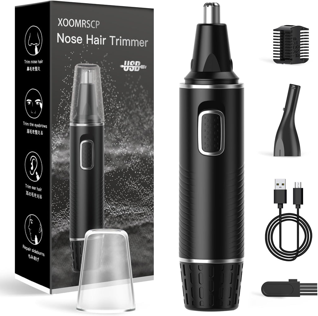 XOOMRSCP Nose Hair Trimmers for Men，Rechargeable Hair Trimmer 2 in 1 Painless Multifunctional Ear and Nose Hair Trimmer with IPX7 Waterproof Dual Edge Blades (Black Silver)