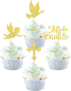 24 Pack Spanish Mi Bautizo Cupcake Toppers with Glitter Cross Angel Dove Baptism Cupcake Picks Decorations for Religious God Bless Theme Baby Shower Kids Birthday Christmas Party Supplies Gold