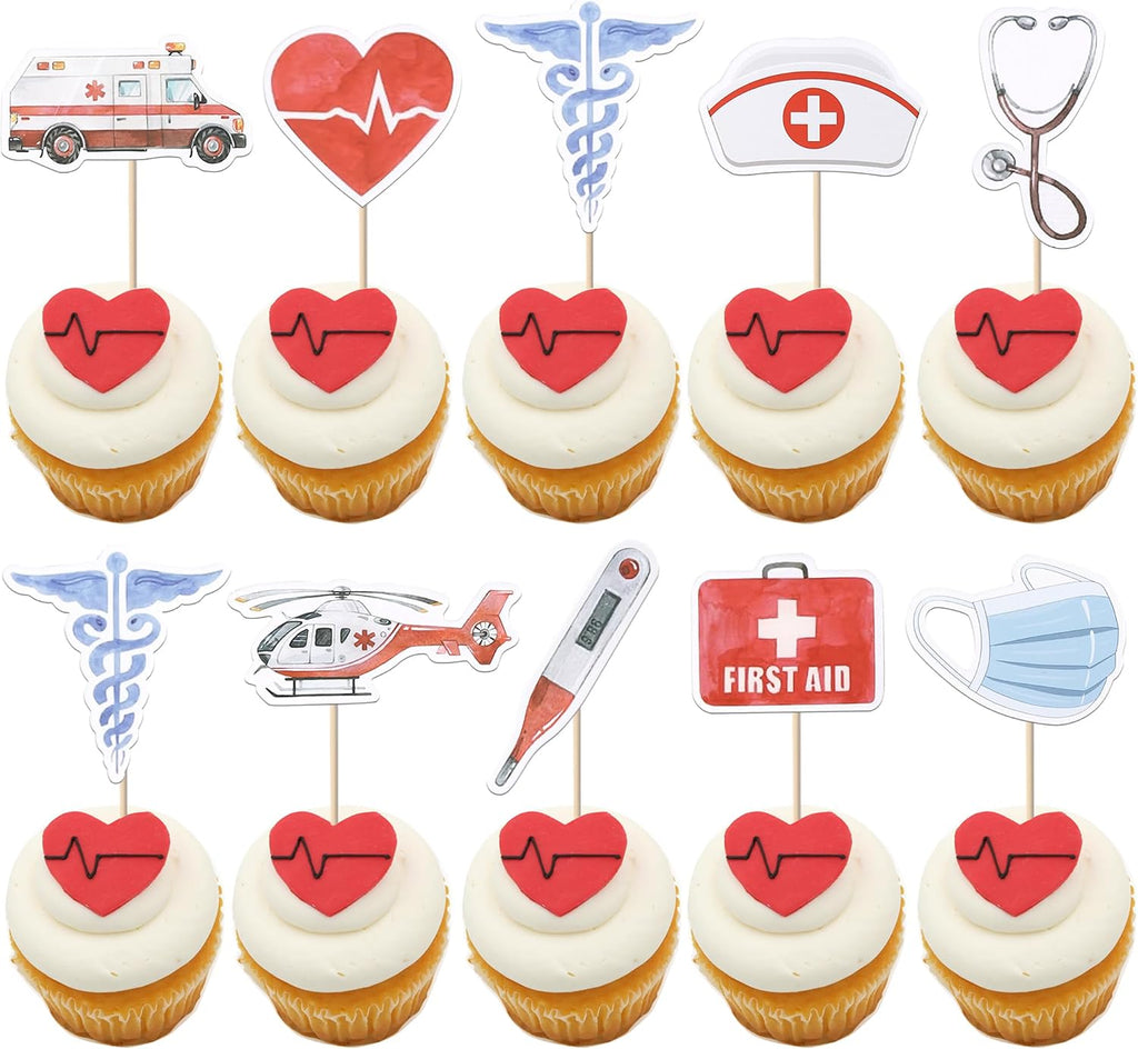 Rsstarxi 36 Pack Nurse Cupcake Toppers Nurse Decorations for Party Ambulance Helicopter Medical Instruments Cupcake Picks for Medical Nurse Theme Grad Birthday Party Cake Decorations
