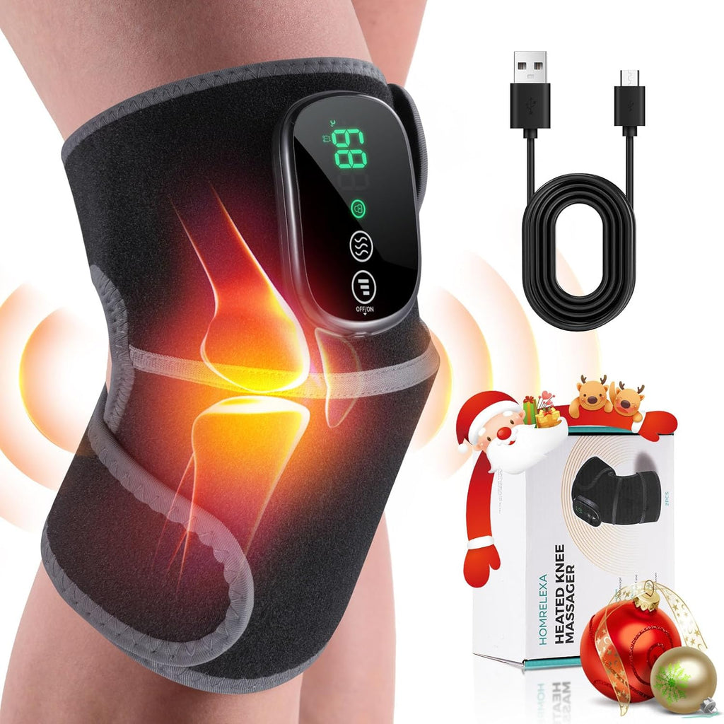 Cordless Heated Knee Massager, 3-in-1 Heating Pad with 3 Vibration and Heating Mode, Auto-Off Timer, Knee Brace for Shoulder Elbow, Gifts for Men Women, Black 1PC