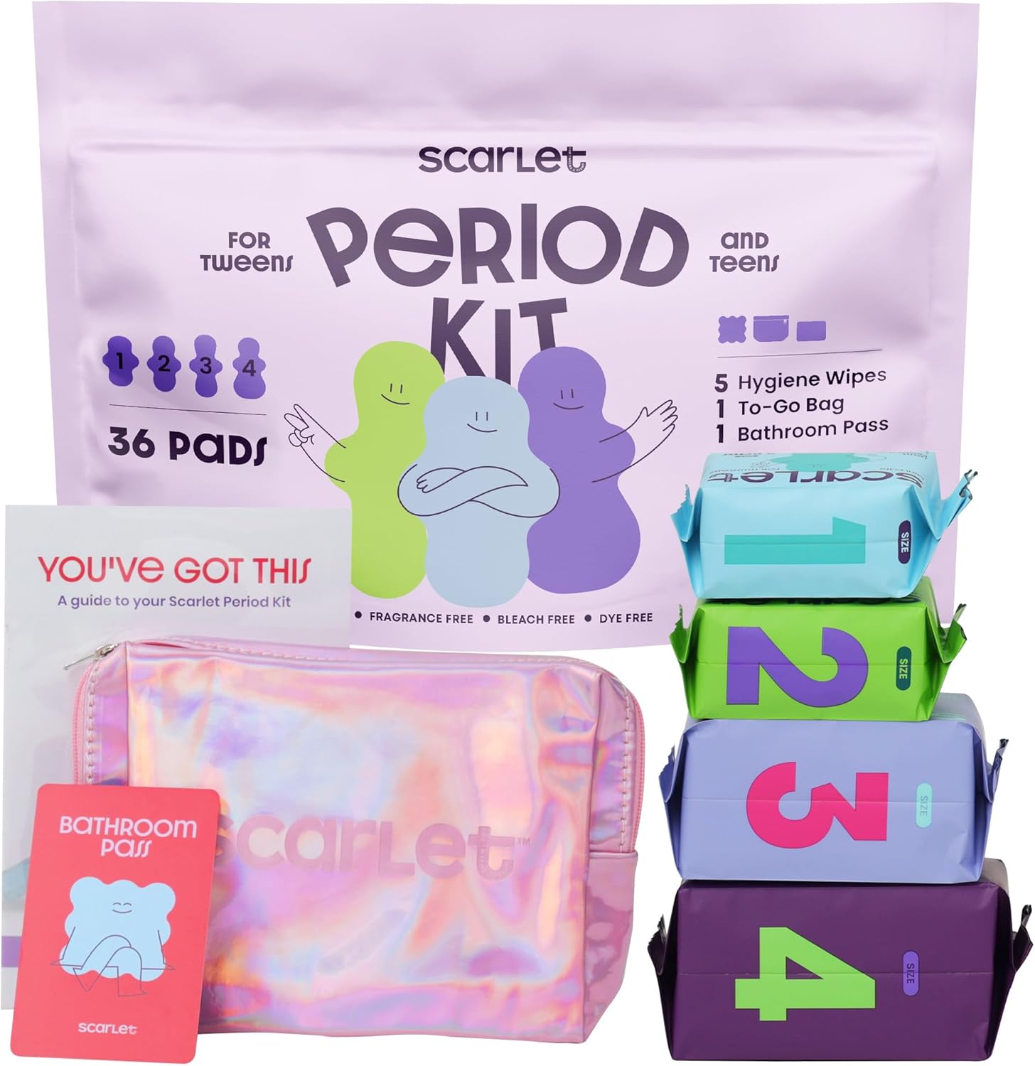 Scarlet by RedDrop Tween Period Kit for Girls 9–12 (45 Pcs) | 36 Pads with Wings (Light, Moderate, Heavy, Max), 5 Wipes, PU Bag, Education Booklet, Bathroom Pass & Sticker Sheet
