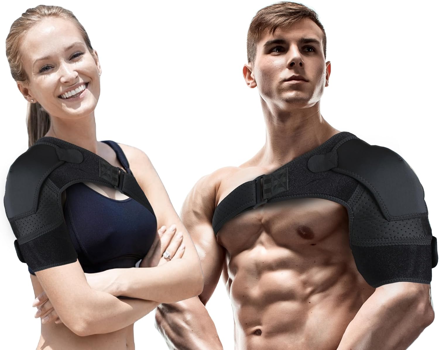Adjustable Shoulder Brace for Torn Rotator Cuff Relief, AC Joint Pain, Dislocation – Neoprene Mesh Support for Men and Women – Compression Sleeve with Hook and Loop Fastener (Black, Large/XL)