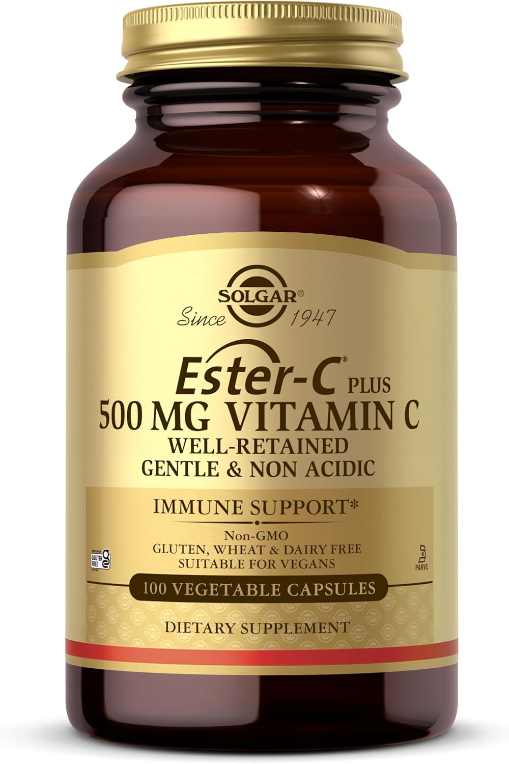 Solgar Ester-C Plus 500 mg Vitamin C (Ascorbate Complex), 100 Vegetable Capsules - Gentle & Non Acidic - Antioxidant & Immune Support - Non GMO, Vegan, Gluten-Free, Kosher - 100 Servings