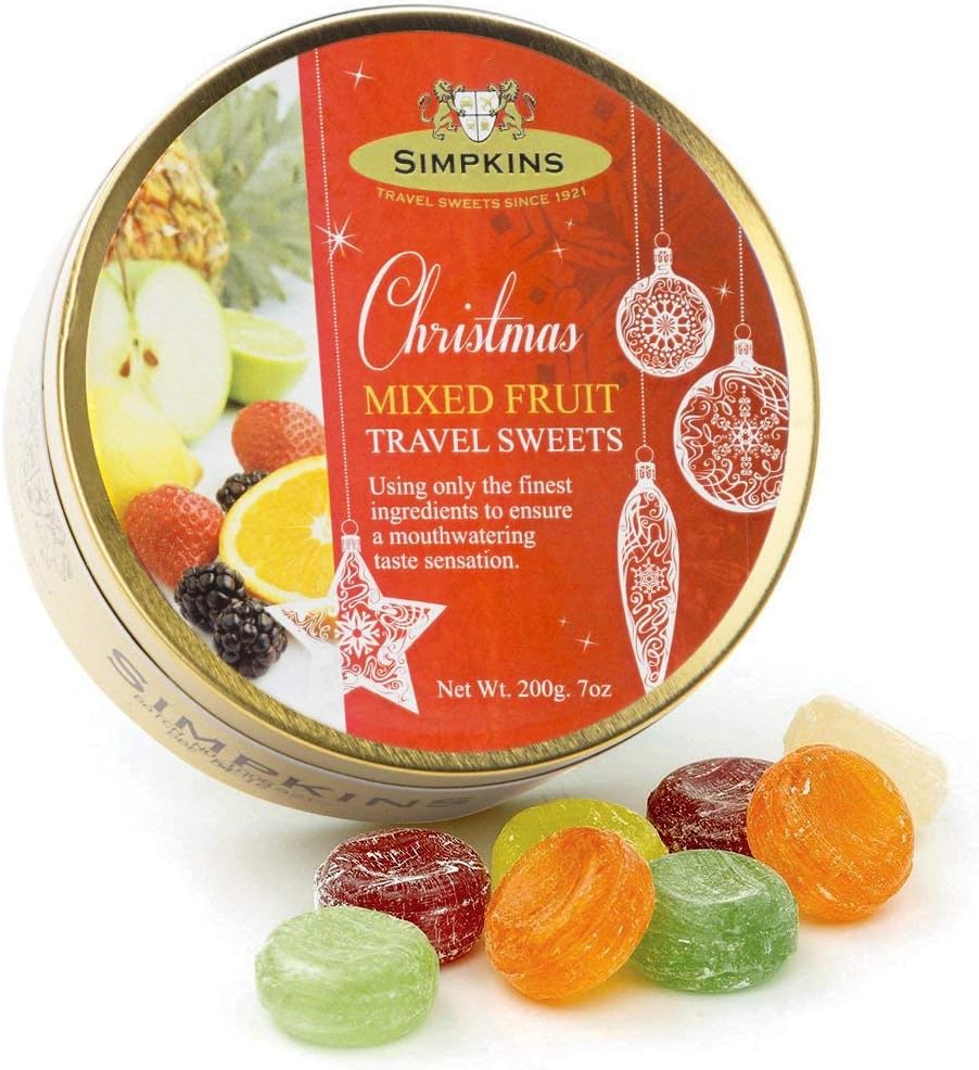 Simpkins Christmas Travel Sweets Tin Mixed Fruits Drops 200g