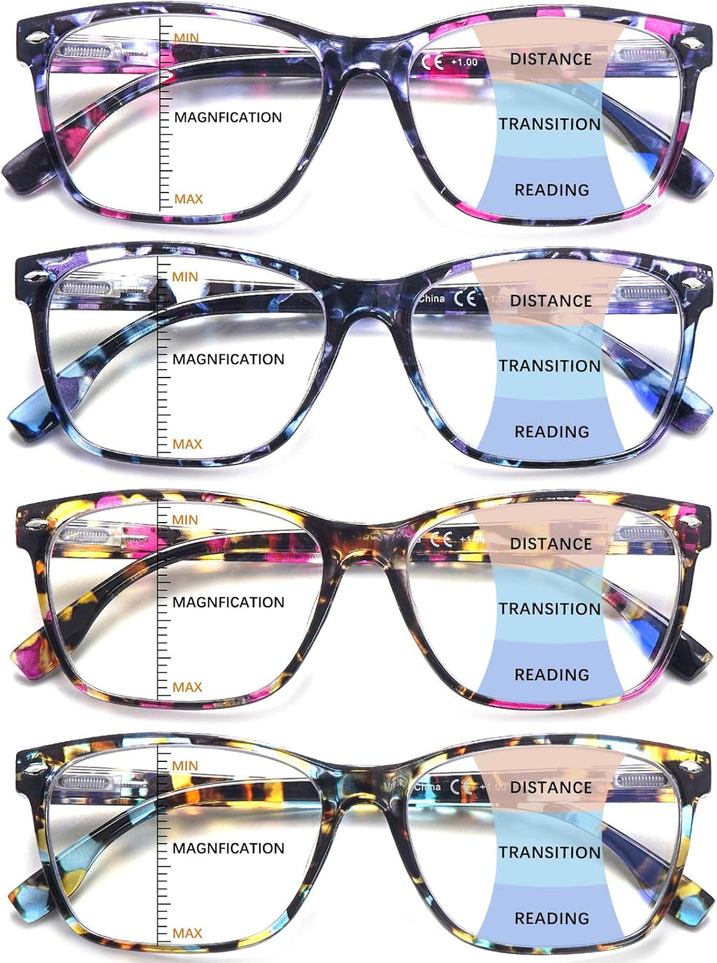 CLASAGA Progressive Multifocus Reading Glasses for Women, Pattern Print Blue Light Block Stylish Ladies Computer Readers