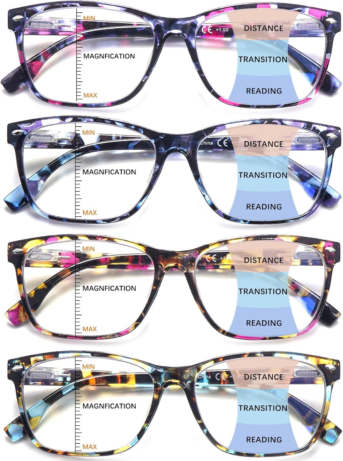CLASAGA Progressive Multifocus Reading Glasses for Women, Pattern Print Blue Light Block Stylish Ladies Computer Readers