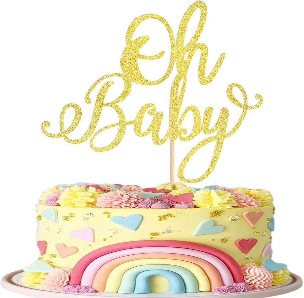 Rsstarxi 1 Pack Oh Baby Cake Topper Gold Glitter Babyshower Cake Pick Decorations for Baby Baptism Gender Reveal Kids Birthday Party Supplies