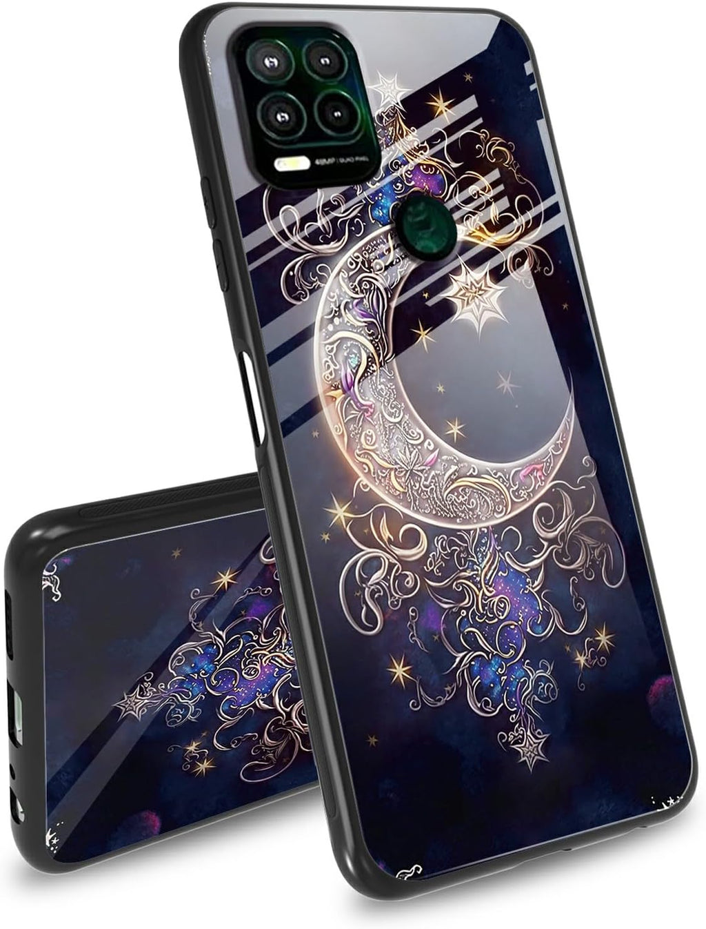 Case for Moto G Stylus 5G 2021,Tempered Glass Back Cover,Side Soft TPU Bumper Cutting Groove Anti-Skid Design Protective Cover for Moto G Stylus 5G 2021,Moon Star Galaxy Floral